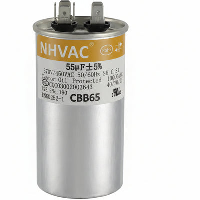 55 MFD 370/440V Round Run Capacitor — Universal AC Motor Replacement