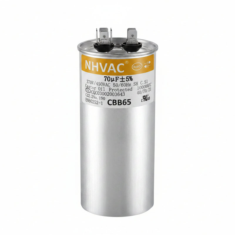 70 MFD 370/440V Round Run Capacitor — Universal AC Motor Replacement