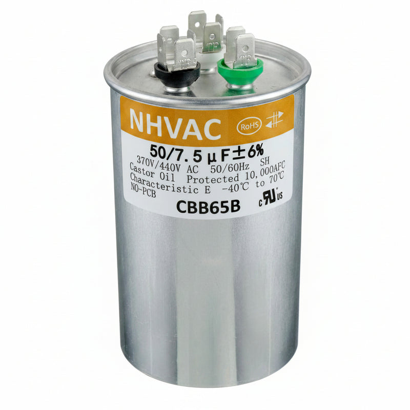 50+7.5 MFD 370/440V Dual Run Capacitor — Universal AC