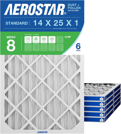 14x25x1 HVAC Air Filter MERV 8 (6-Pack) — Pleated Furnace AC Filter