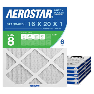 16x20x1 HVAC Air Filter MERV 8 (6-Pack) — Pleated Furnace AC Filter