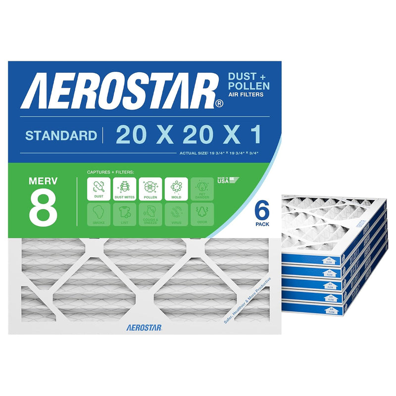 20x20x1 HVAC Air Filter MERV 8 (6-Pack) — Pleated Furnace AC Filter