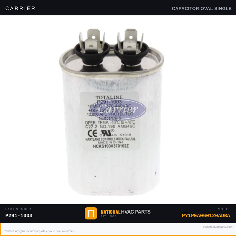 OEM Carrier Single Run Capacitor 10 MFD 370V for PY1PEA060120ADBA