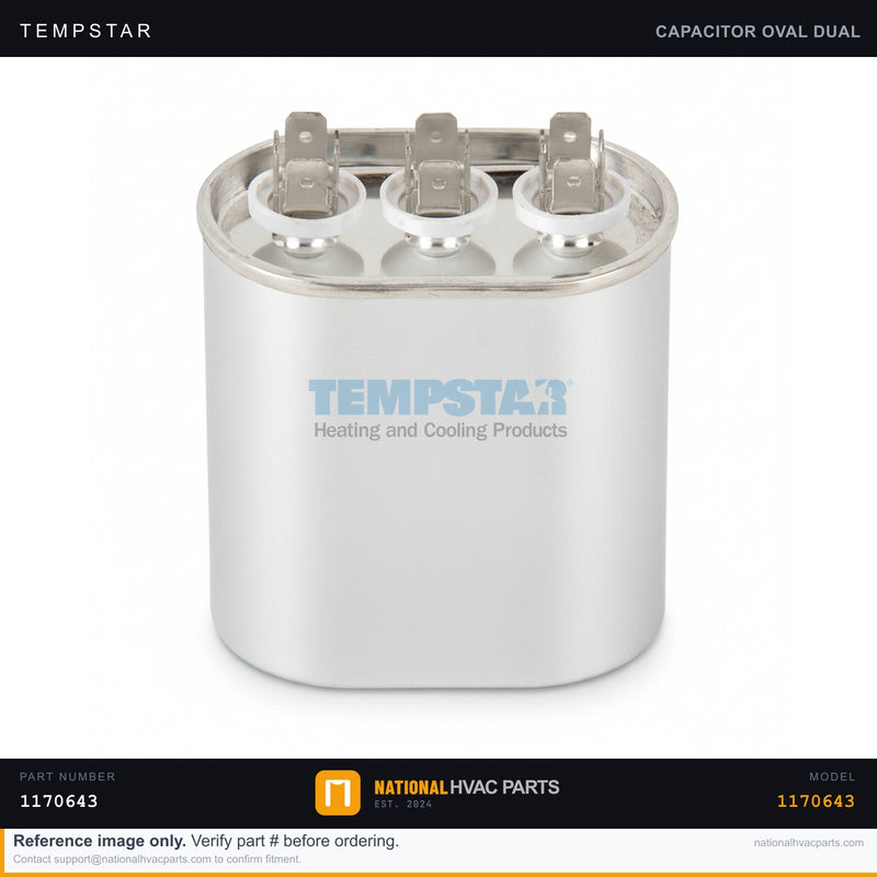 Tempstar Oval Run Capacitor 7.5 MFD 370/440V for T9UHX080J16A2 — OEM 1170643 | Ships Today