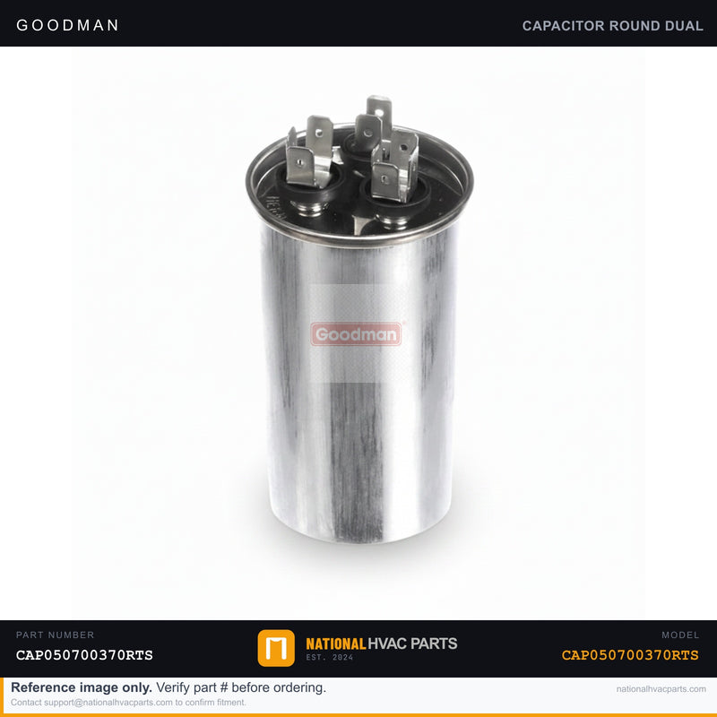 OEM Goodman 70/5 MFD 370V Dual Run Capacitor for SSX140601AB — CAP050700370RTS