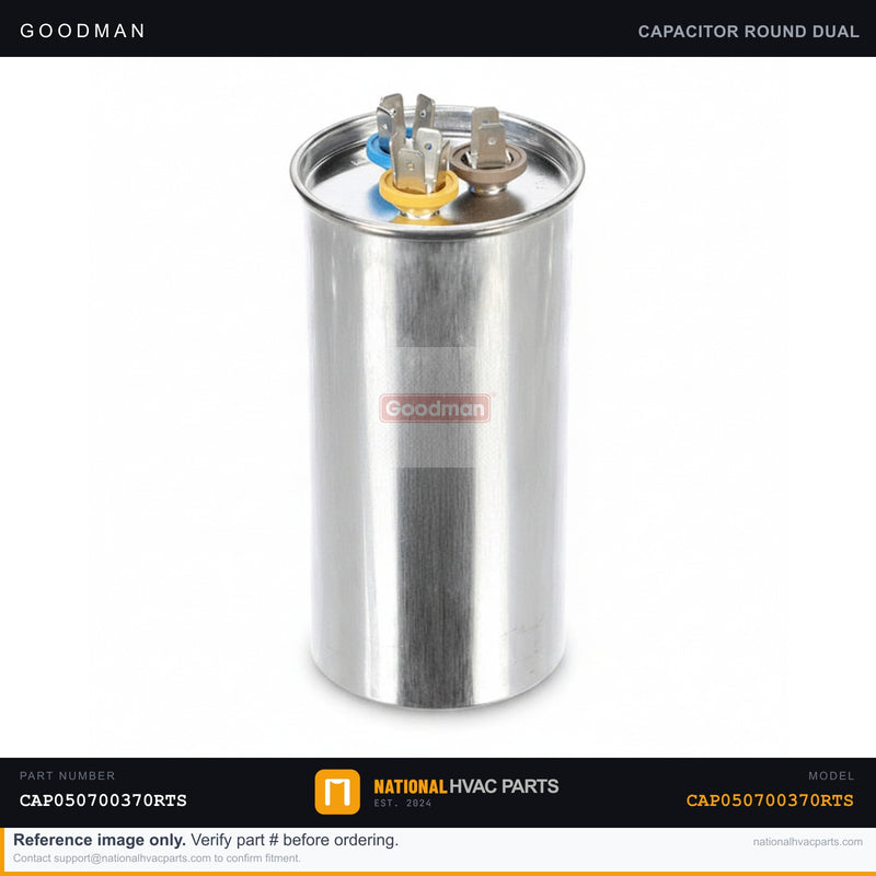 OEM Goodman 70/5 MFD 370V Dual Run Capacitor for SSX140601AA — CAP050700370RTS